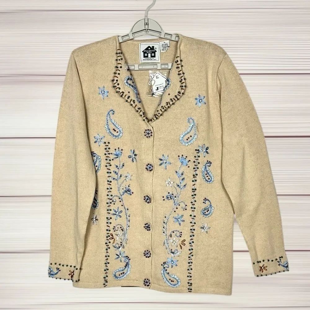 NWT Storybook Knits Embroidered Beaded Cardigan Cotton Blend Light Camel 1X Vtg